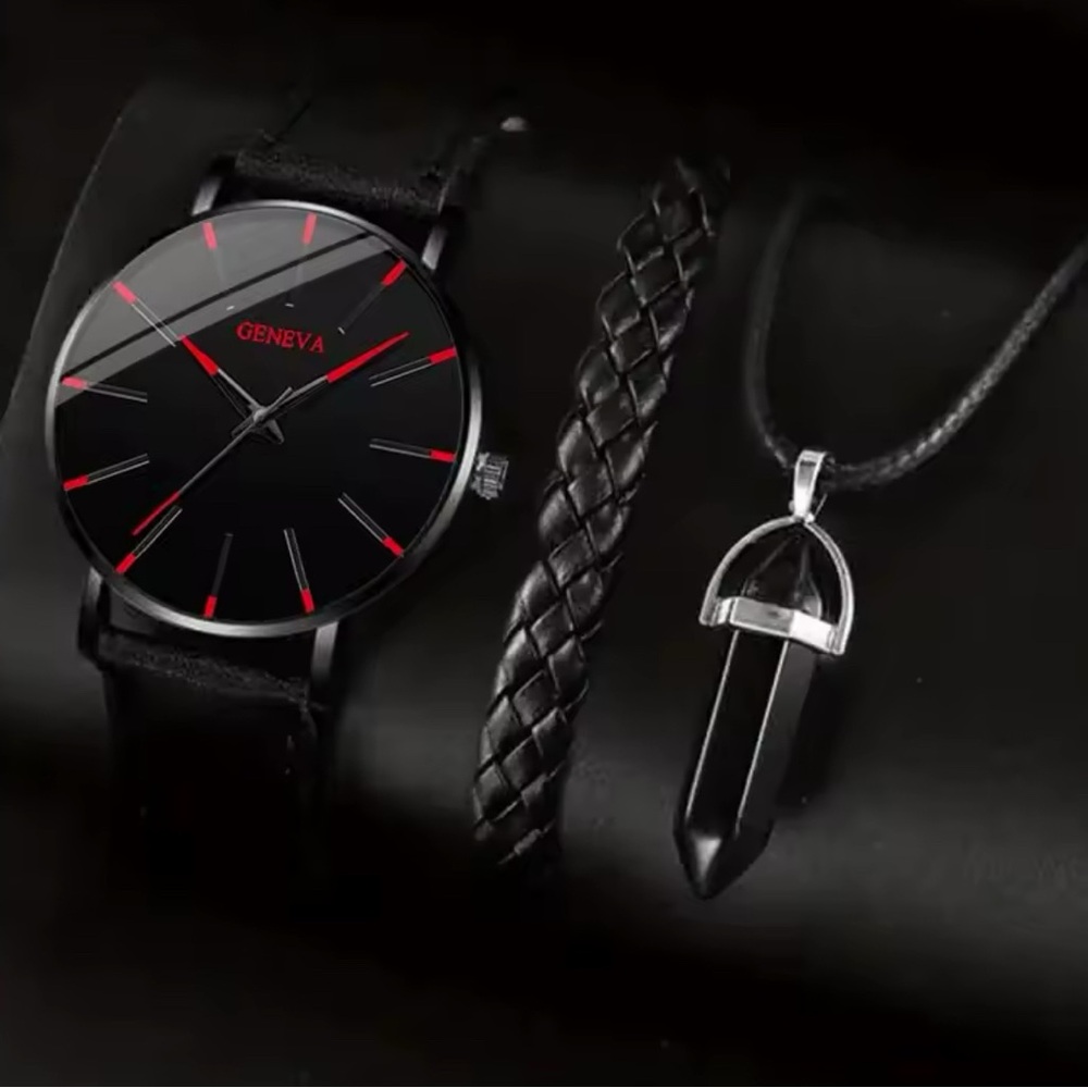 Black and red watch, bracelet and necklace set
